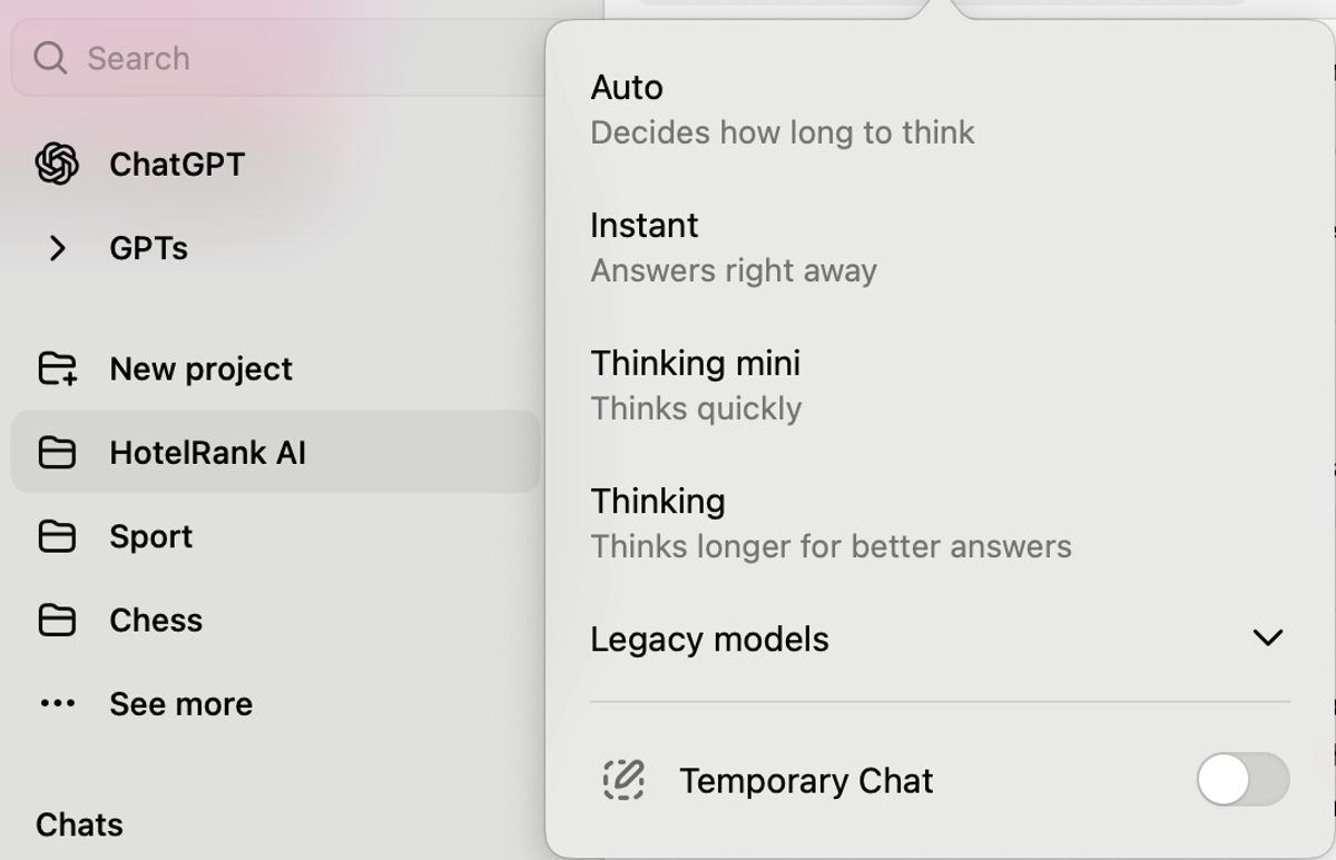 Model options in ChatGPT : Auto / Instant / mini / Thinking