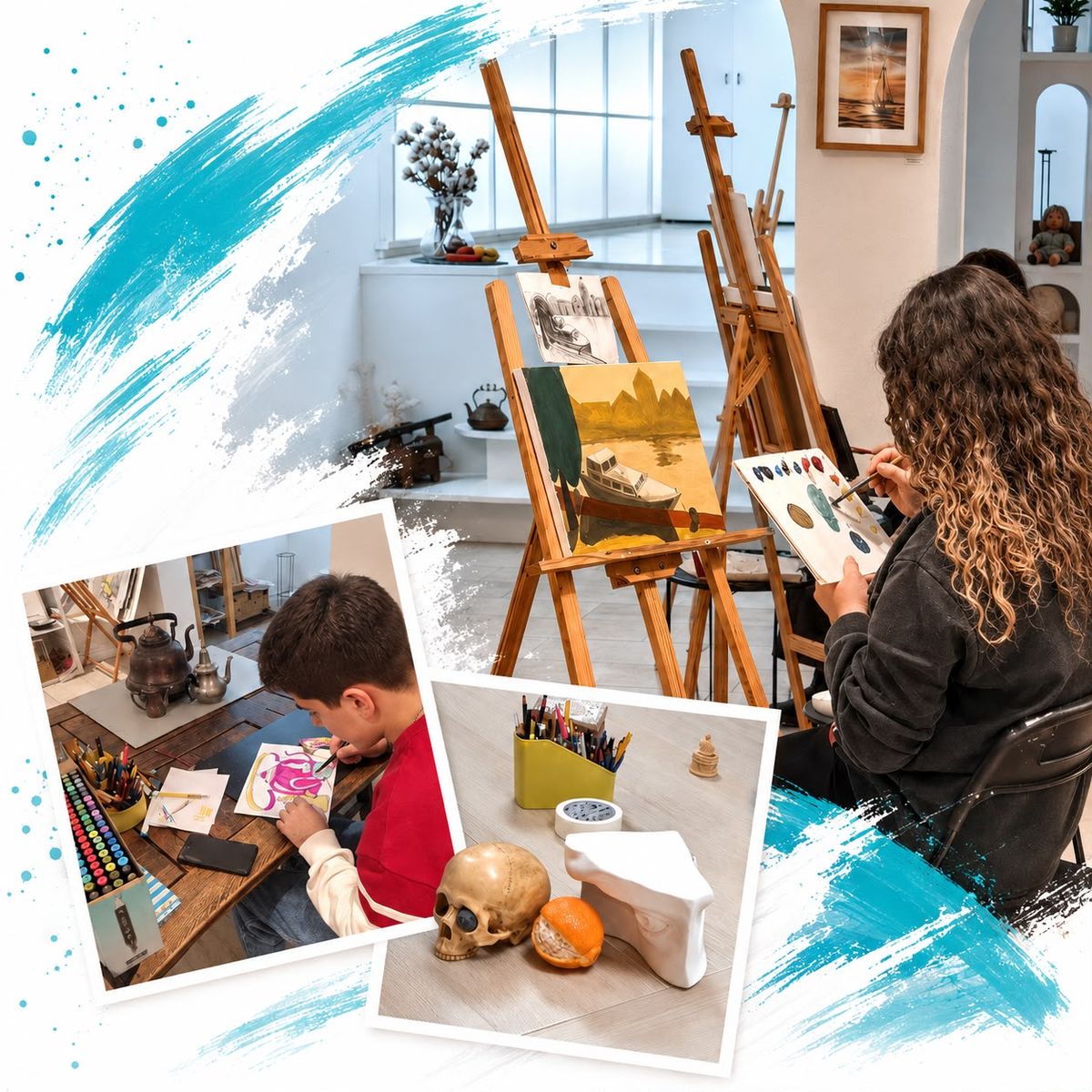 Collage van een leerling die een landschap schildert op een ezel, een jongen die een koperen kan tekent aan tafel, en een stilleven met een schedel en sinaasappel.