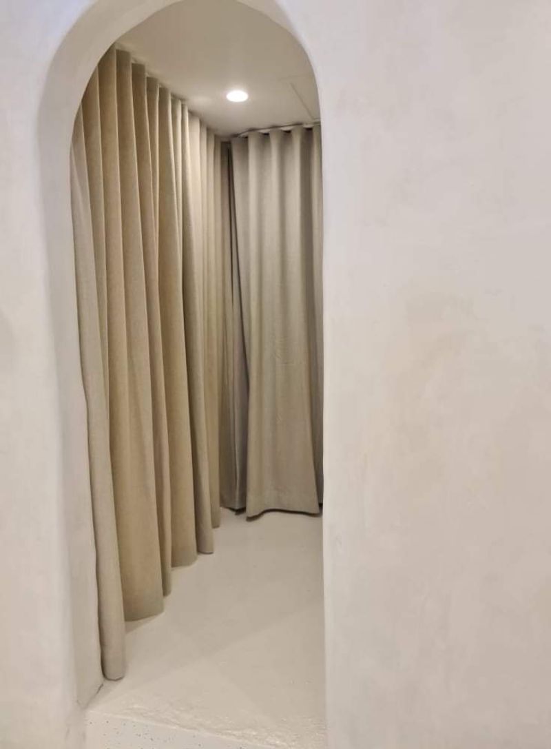 Curtain fabric installation Change room wavefold curtains