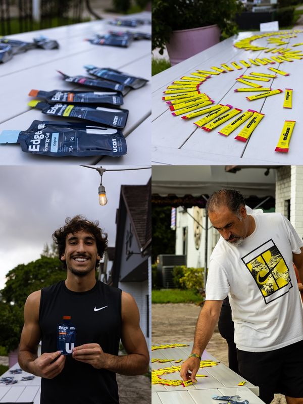 A Roots Fly High photo collage shows UCAN energy gels, Skratch drink-mix packets, and participants beside the fueling table.