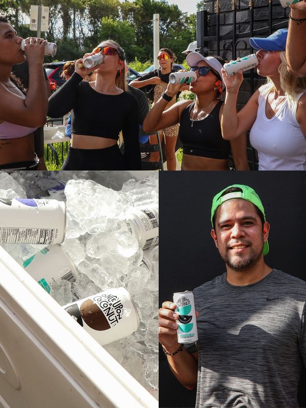 A photo collage shows participants drinking Once Upon a Coconut water and chilled cans at Roots Fly High.