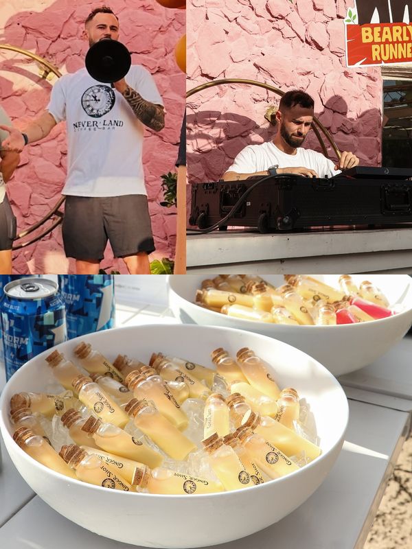 A Roots Fly High photo collage shows a man speaking through a megaphone, a DJ, and ginger shots chilled on ice.