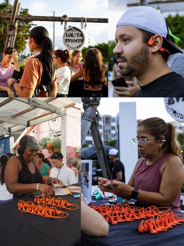 Participants wear and handle orange Shokz headphones in a photo collage at Neverland Coffee Bar.