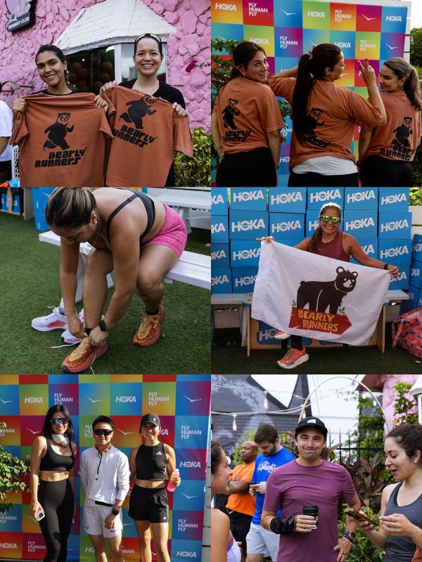 A Roots Fly High photo collage shows participants with Bearly Runners shirts and a flag, a runner tying her shoes, and group portraits.