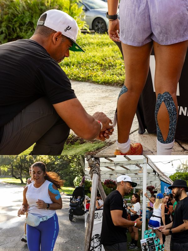 A Roots Fly High photo collage shows athletic tape being applied to a participant’s calf, a participant wearing tape, and the Heali table.