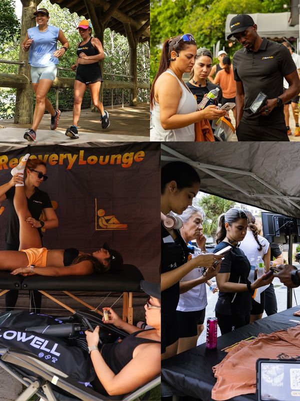 A Roots Fly High photo collage shows runners on a boardwalk and participants visiting a recovery lounge and outdoor partner tables.