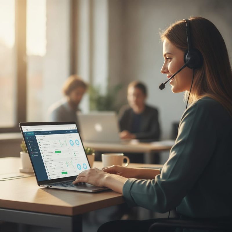 Sales agent on a headset reviewing an AI voice calling dashboard