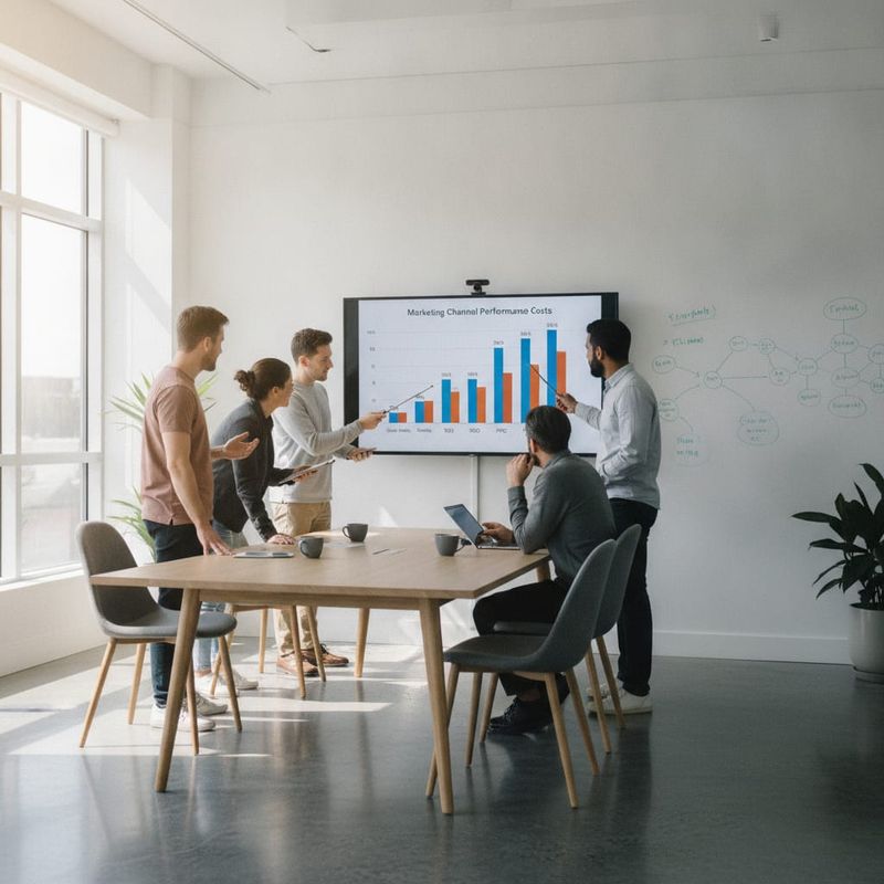 Sales team reviewing cost per qualified lead benchmarks across marketing channels