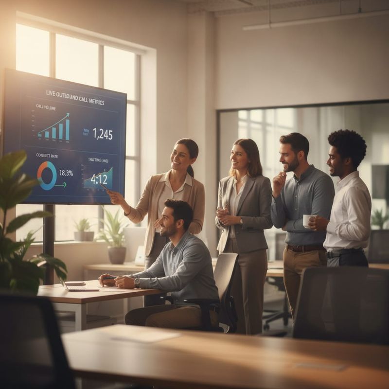 Sales operations team monitoring live outbound AI calling metrics on a dashboard