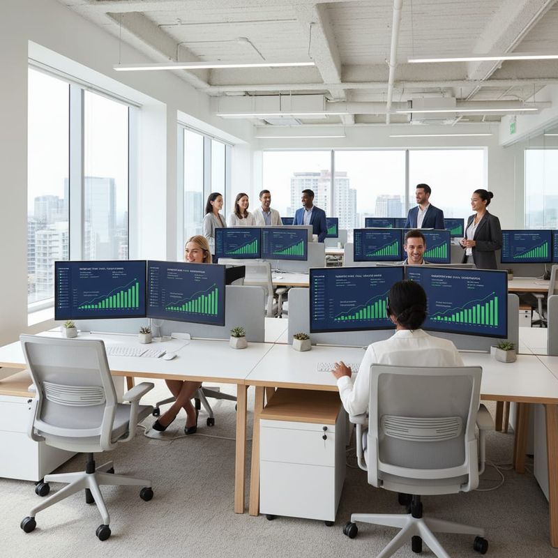 Sales team office with AI-powered call analytics on screens