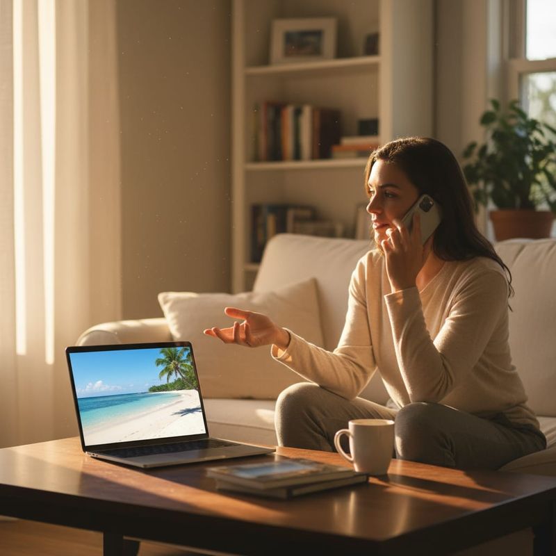 A traveler on the phone planning a trip while browsing destinations on a laptop