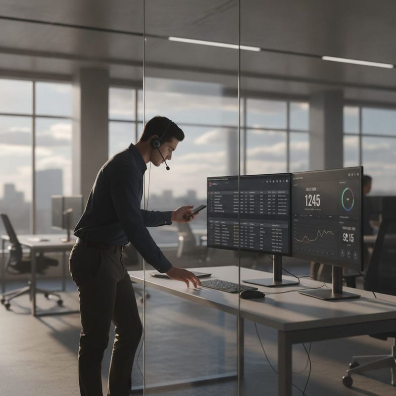 Brokerage rep manually dialing beside an automated call campaign dashboard