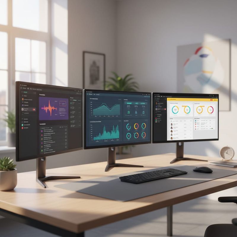 Three AI voice agent platforms compared side by side on office monitors
