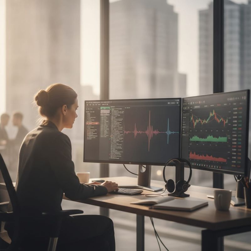 Compliance officer at a brokerage reviewing a recorded AI voice call transcript and audio waveform