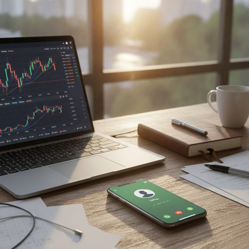 Dormant trader receiving an AI reactivation call at a home desk beside a trading platform