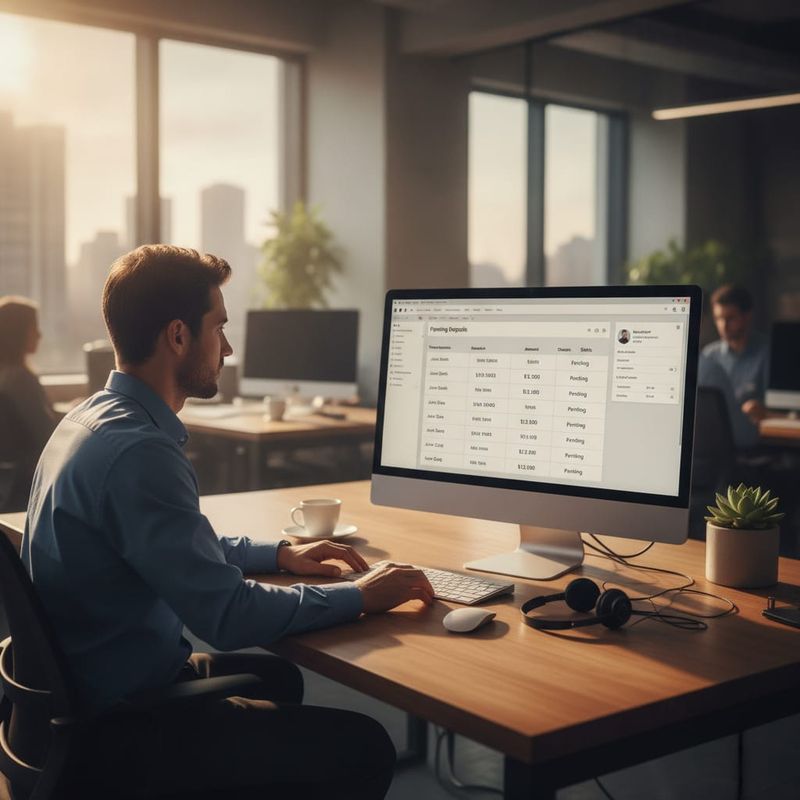 Account manager reviewing pending deposit events on a brokerage payments dashboard
