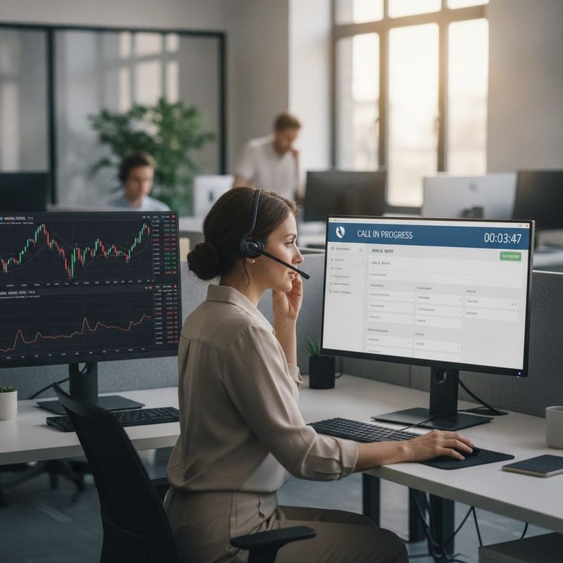 Brokerage account manager taking a warm transfer from an AI voice agent with the trader record on screen
