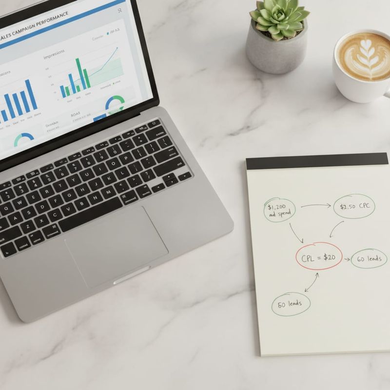 CPL calculation for AI cold calling campaign with ROI breakdown on notepad