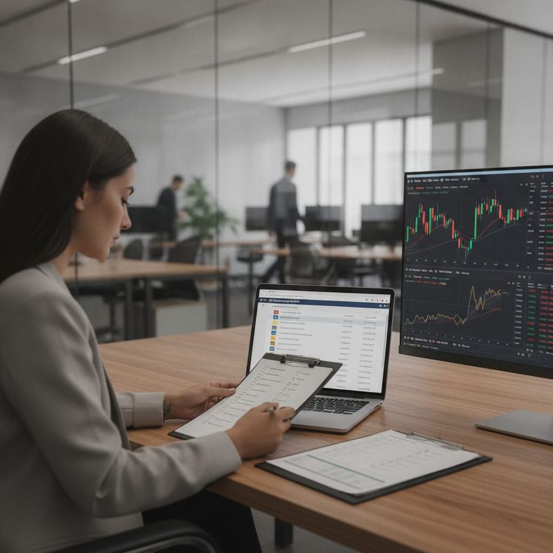 Brokerage compliance officer reviewing an AI calling checklist beside a call recording archive