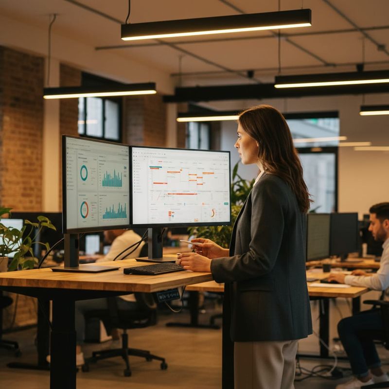 Sales manager comparing dialer software options on dual monitors