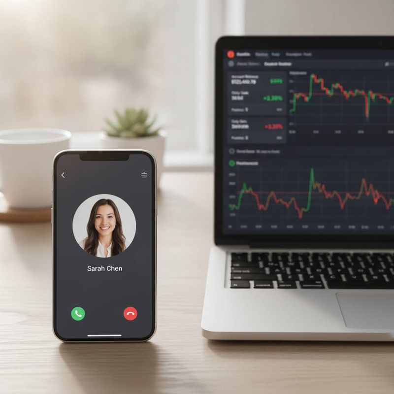 Phone receiving a reactivation call beside a laptop with a trading platform dashboard
