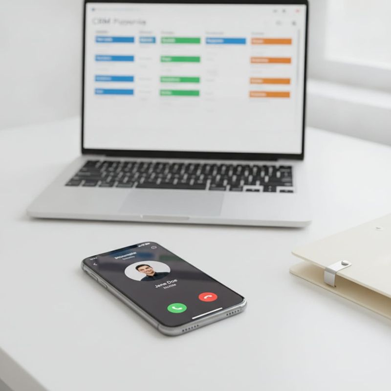 Trader's phone receiving an AI voice call beside a laptop showing a CRM pipeline board