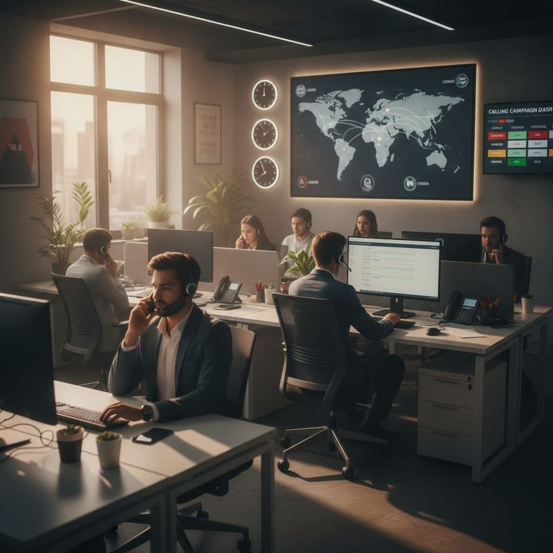 Brokerage retention desk with a multilingual calling campaign dashboard on the wall