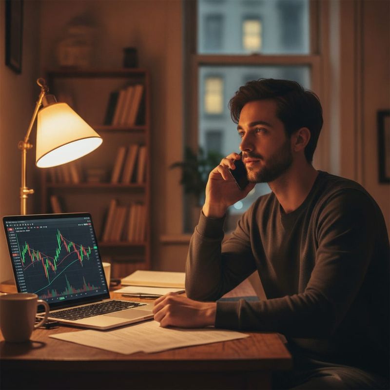 Trader taking a phone call at home with a trading chart open on a laptop