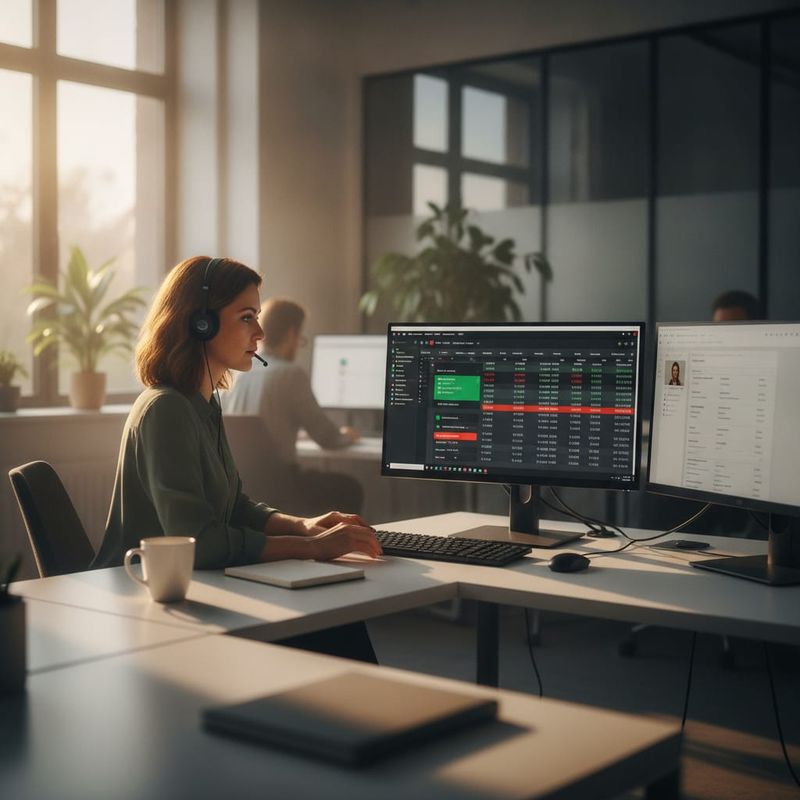 Brokerage retention specialist reviewing trading account activity and call outcomes in client engagement software