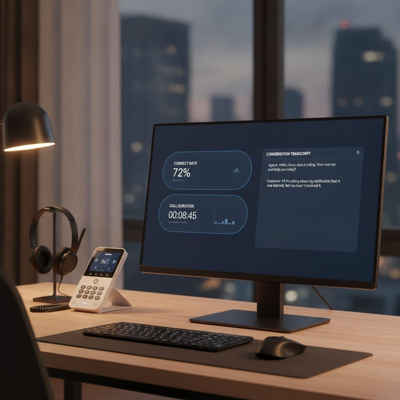 Real-time AI voice agent dashboard showing call analytics and a live transcript