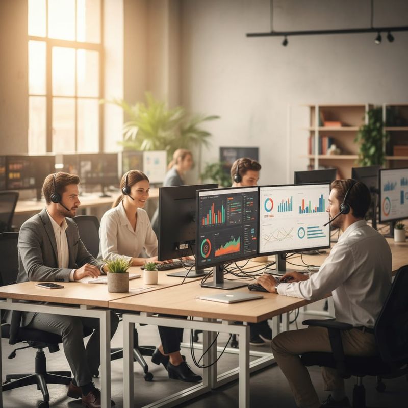 Modern sales team using AI-powered calling technology in an open office