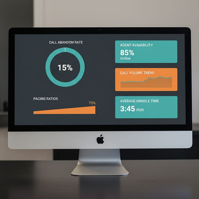 AI dialer analytics dashboard showing call abandonment rate trends and pacing ratios