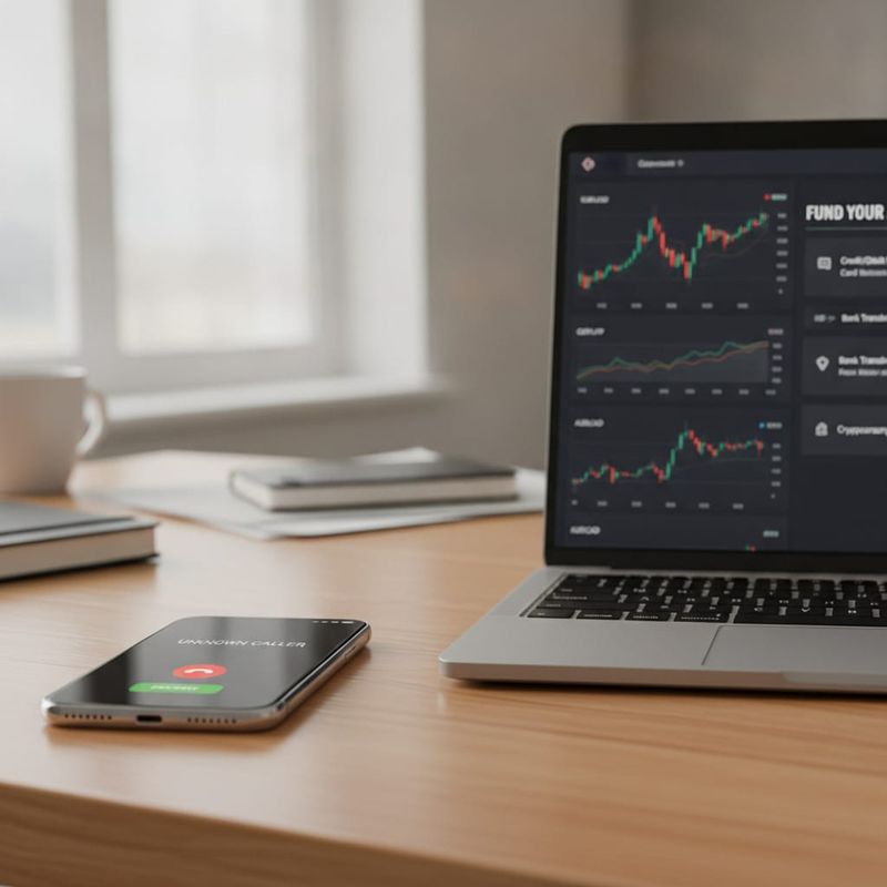 Phone receiving a forex lead reactivation call next to a laptop showing a trading platform