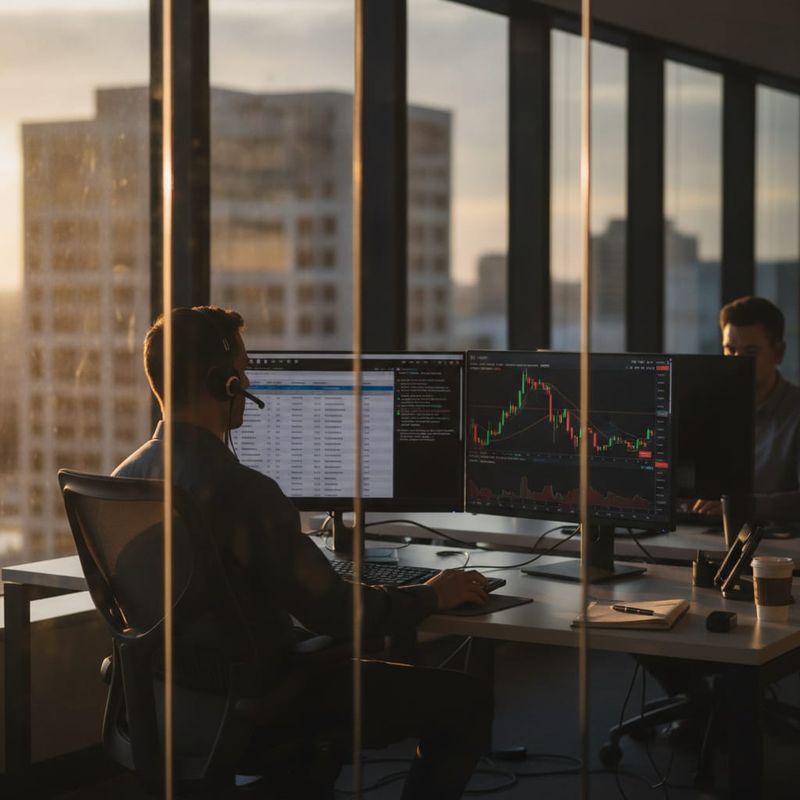 Brokerage dealer reviewing a live AI call transcript beside a trading platform account list