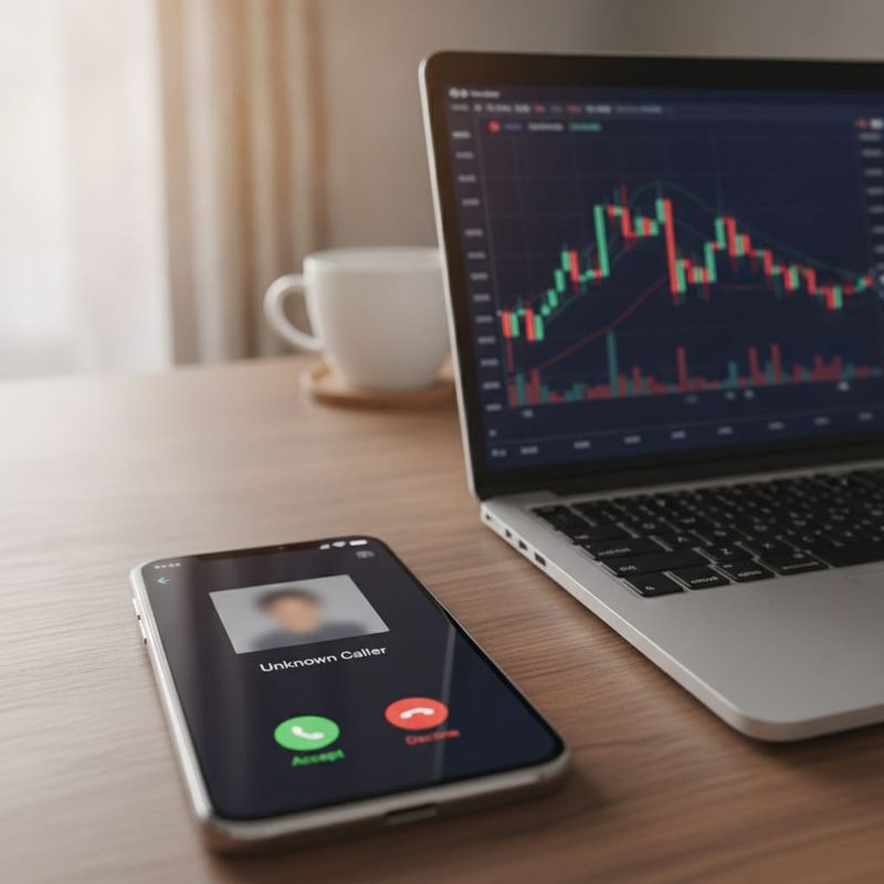Trader receiving a reactivation phone call beside a laptop with a forex chart