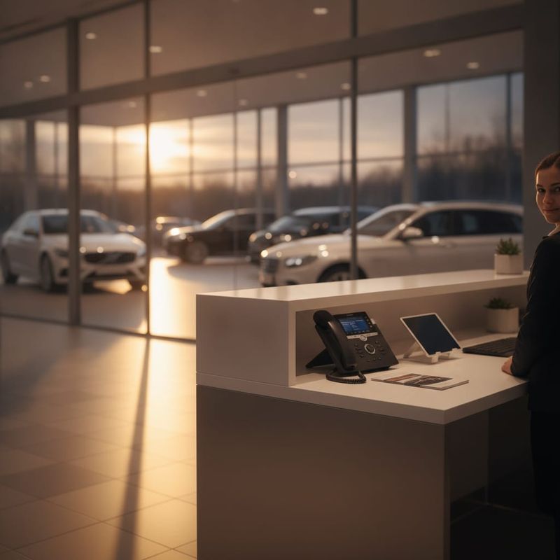 Empty dealership reception desk in the evening with a phone on the counter