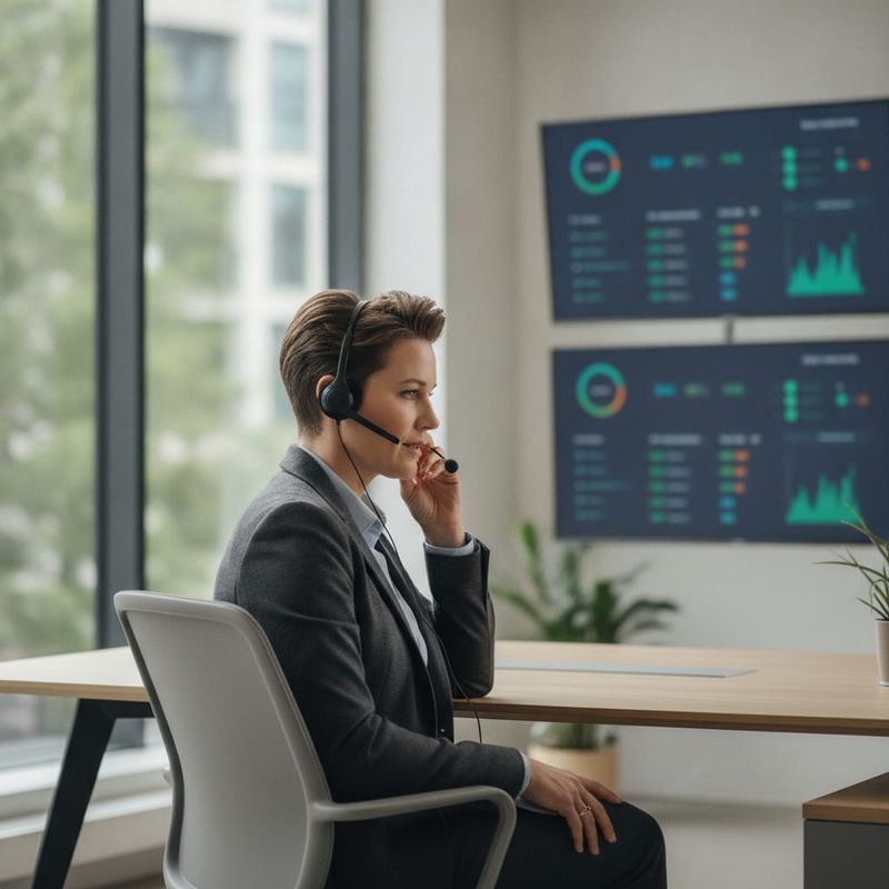 Sales rep on a headset while an AI voice agent runs outbound calls in the background