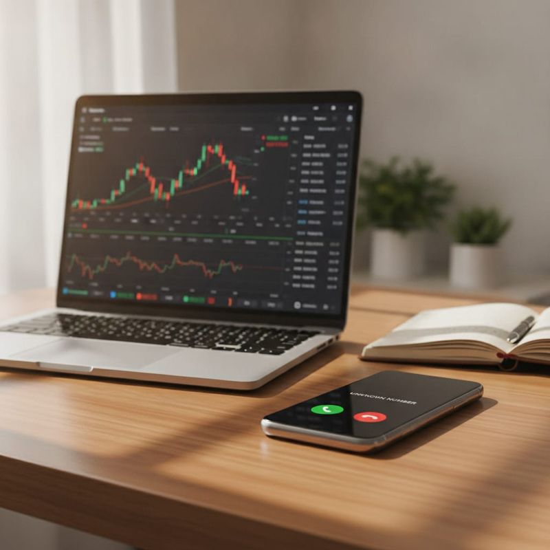 Dormant trader receiving a reactivation call next to a laptop showing a trading platform