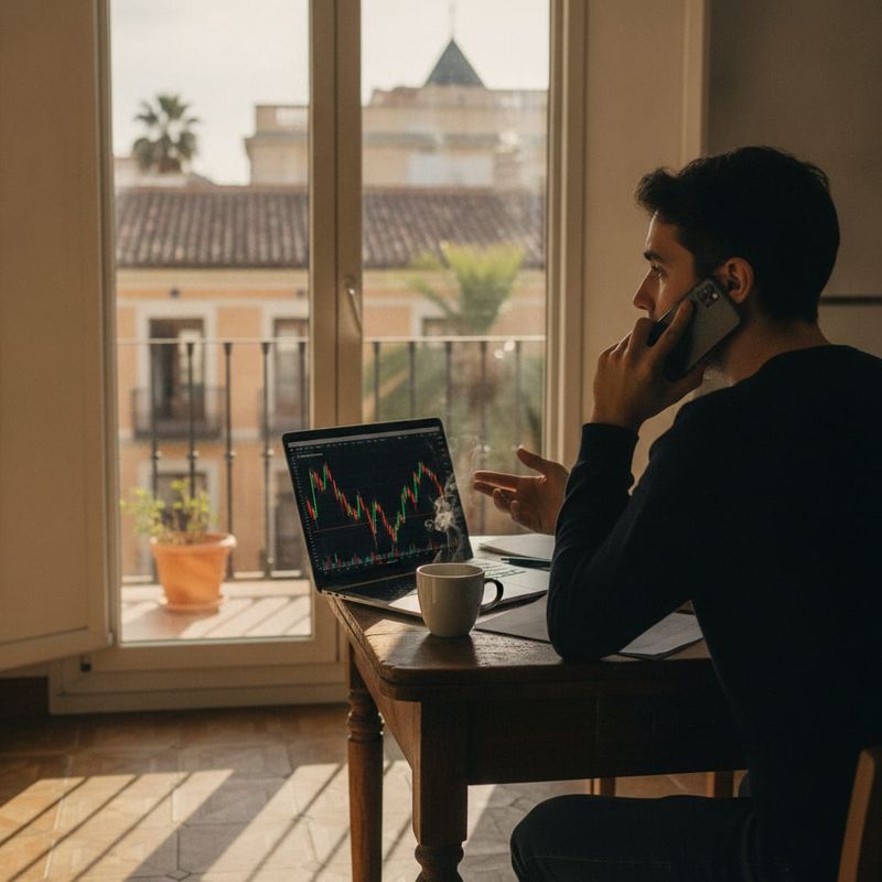 Dormant forex trader taking a reactivation call at home