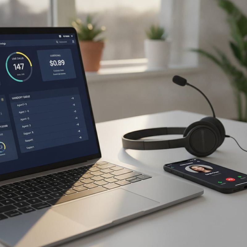 AI voice agent campaign dashboard with live call count, cost per call and handoff queue for a brokerage