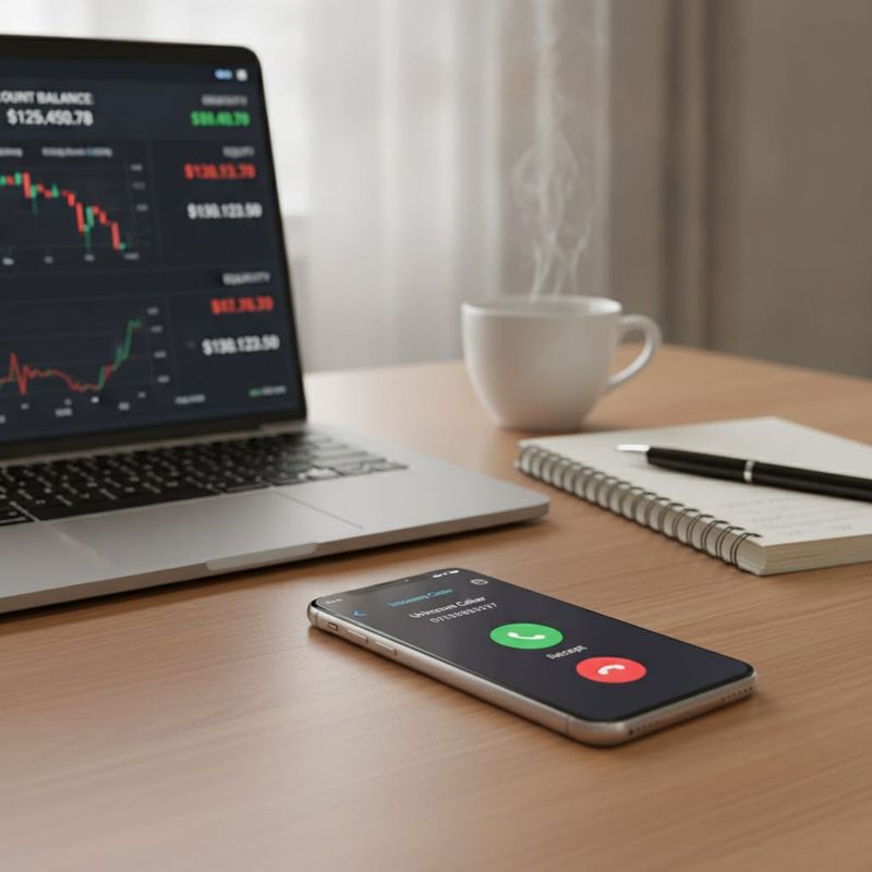 Trader's phone receiving a reactivation call next to a laptop showing a trading account