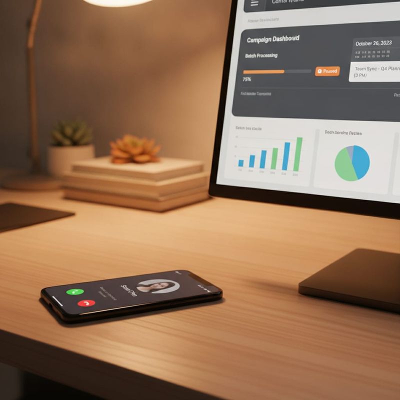 Phone on a retention desk beside a calling dashboard with a paused batch awaiting re-screening