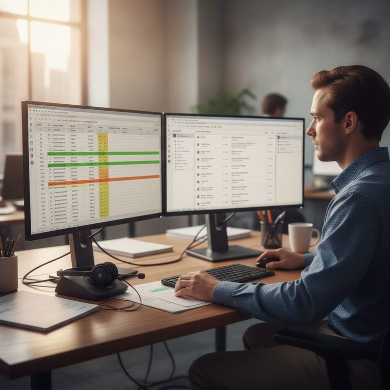Brokerage analyst ranking a forex lead export by priority score on two monitors