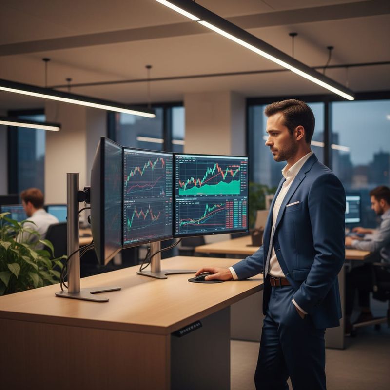 Financial broker reviewing dormant trader outreach analytics on dual monitors