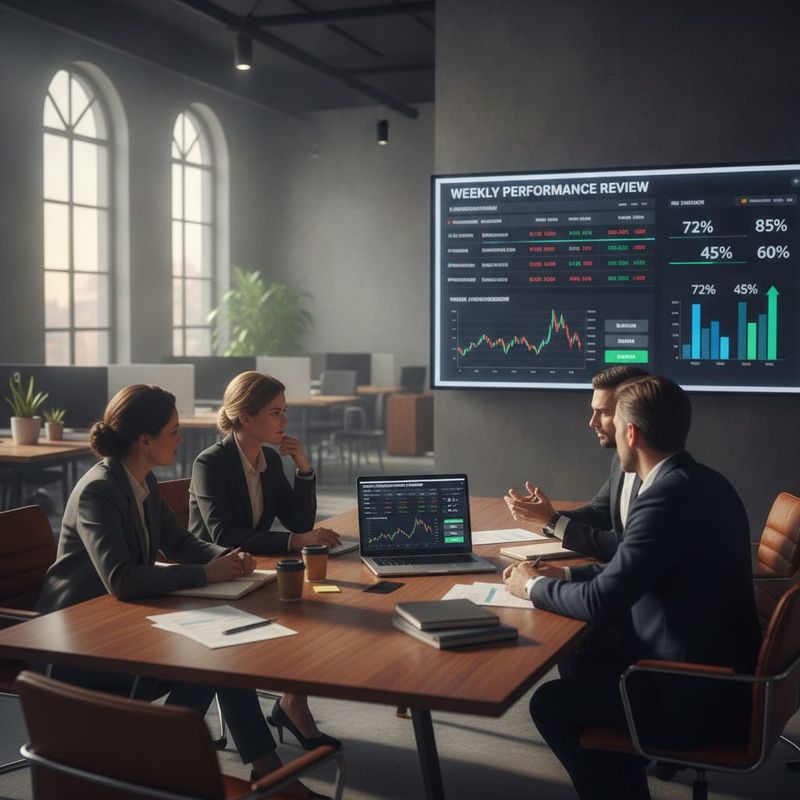 Brokerage team reviewing forex reactivation campaign metrics on a wall dashboard