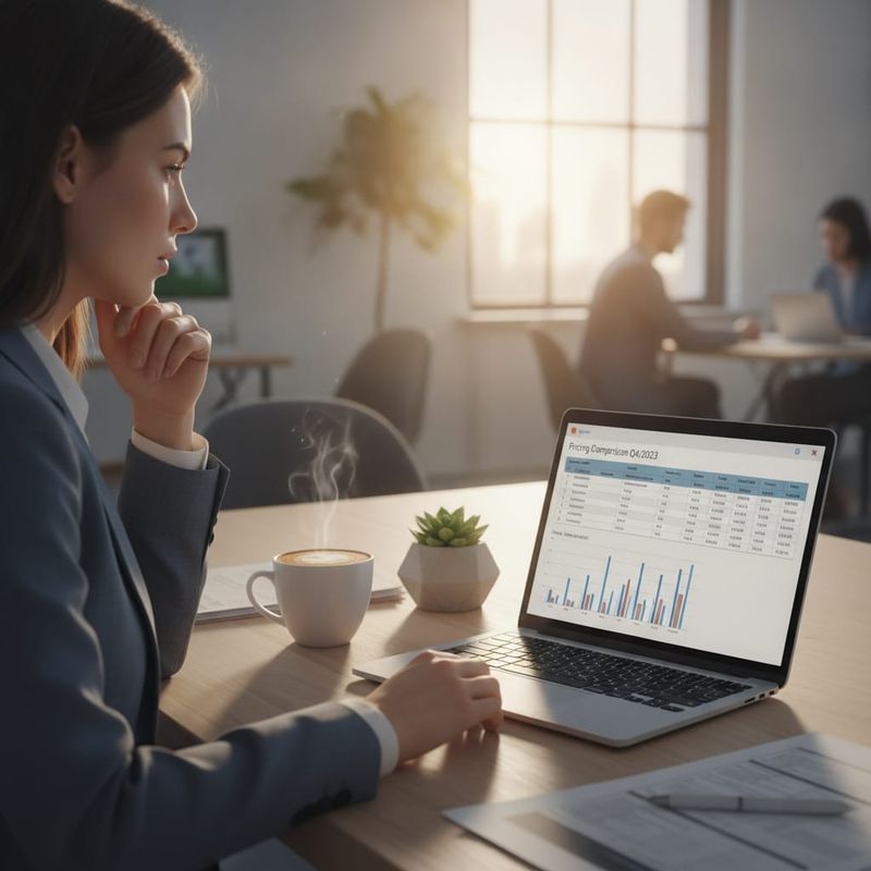 Sales professional reviewing AI voice agent pricing comparison on laptop
