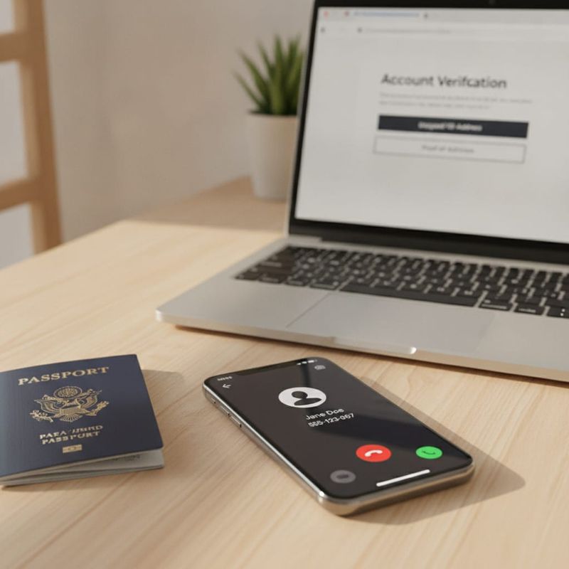 Trader receiving a registration follow-up call beside a passport and a laptop showing a document upload page