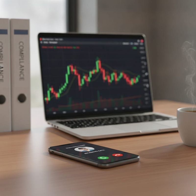 Trader's phone receiving an AI voice agent call beside a laptop showing a forex chart