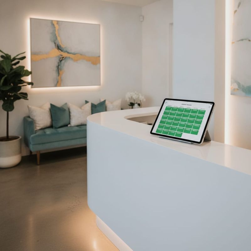 Medical spa reception with AI-managed appointment calendar showing fully booked slots