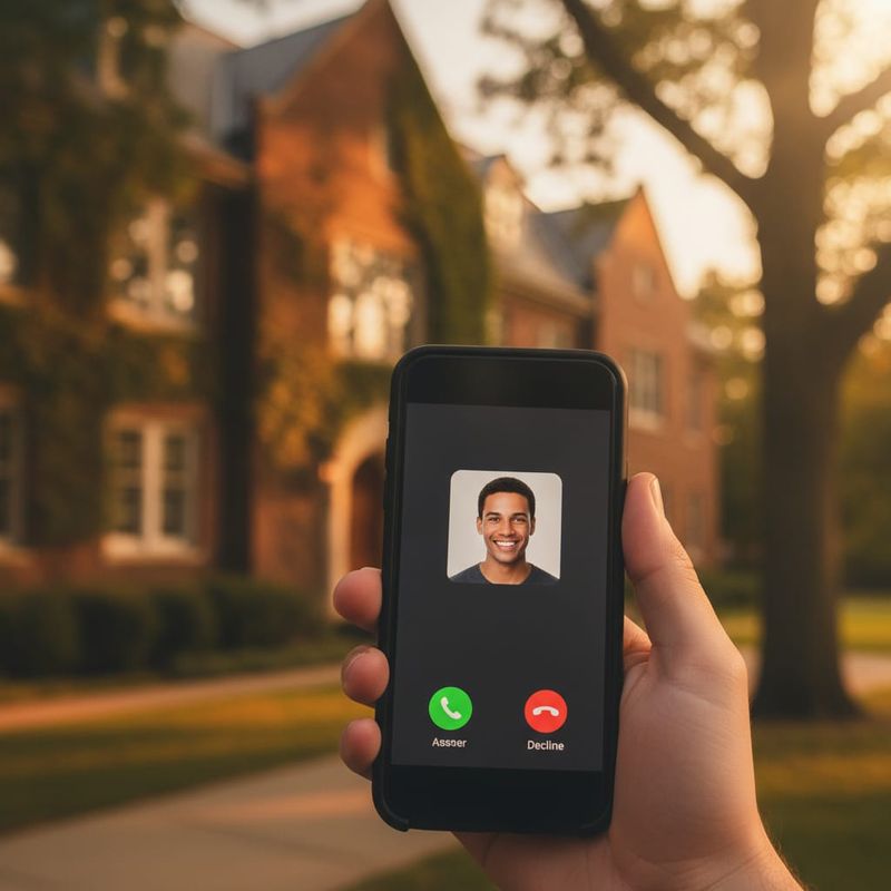 College student receiving an admissions follow-up call on a university campus